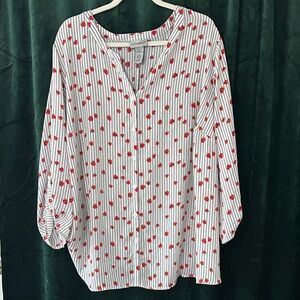 Catherines White Blouse with Strawberry Print and Black Pinstripes
